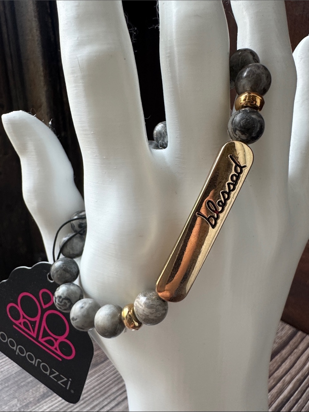 Paparazzi Gray gemstone Beaded "Blessed" Stretch Bracelet with Gold Accent